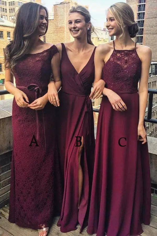 Customized Three Styles A-Line Bridesmaid Dresses Floor-Length Bridesmaid Dress Lace dress for wedding party Burgundy dress Burgundy color C