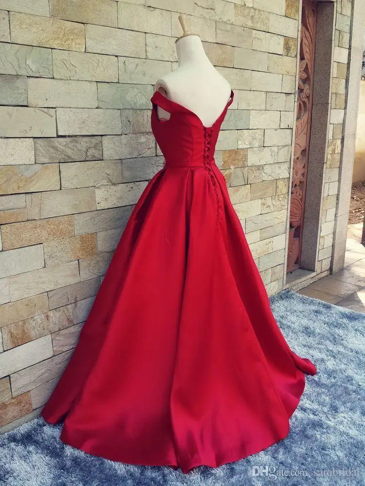 Customized Red Long Satin Prom Gowns Sexy V Neck Vestidos Open Back Vintage Evening Dresses Women Formal Party Dress