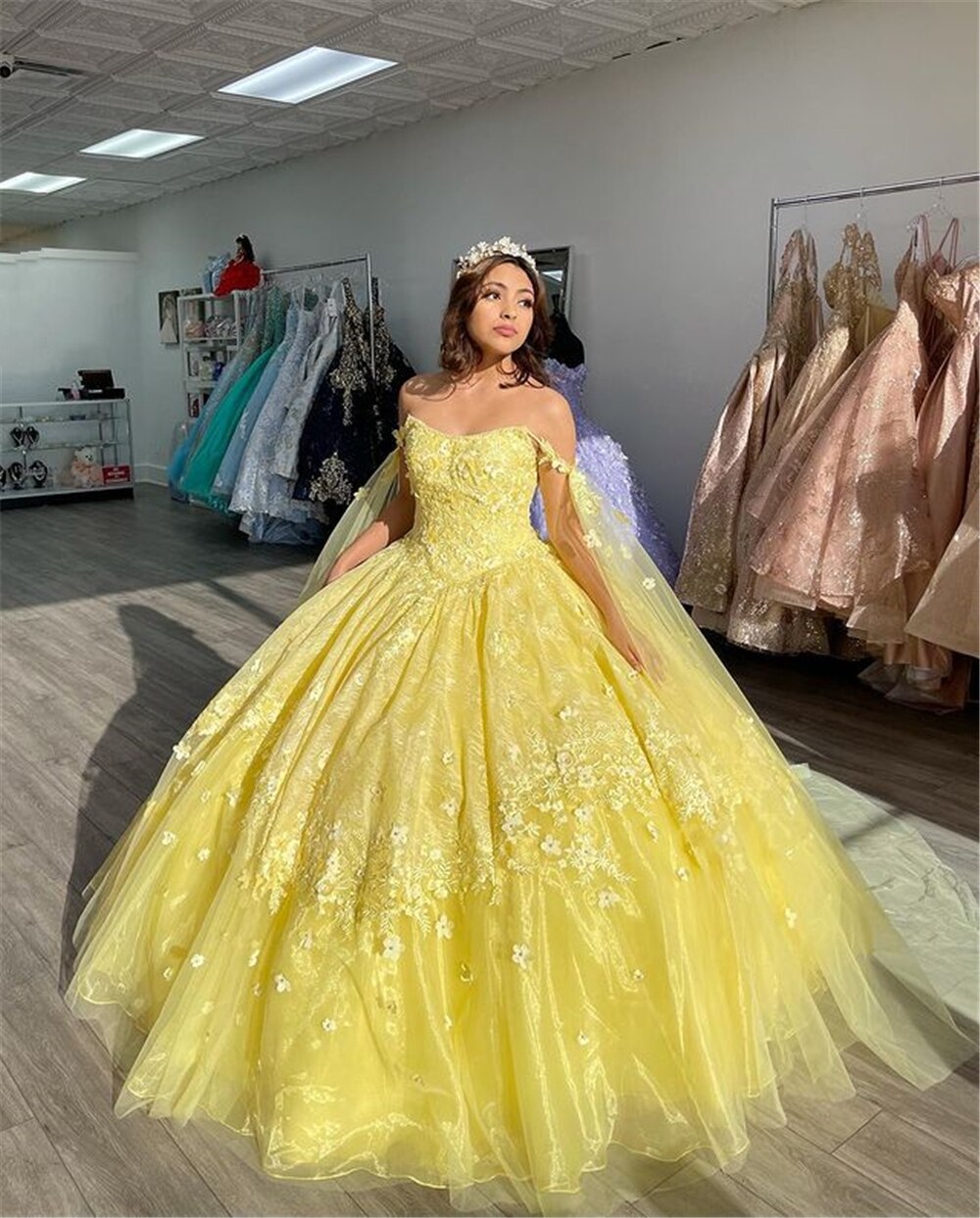 Yellow Ball Gown Quinceanera Dresses Prom Gowns 3D Flowers Beaded Sweet 15 Party Wear