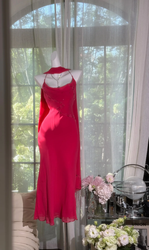 Classy Red Halter Chiffon Beaded Mermaid Long Evening Dress Birthday Party Dress