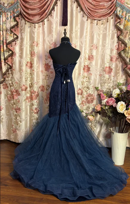 Retro Sweetheart Neck Navy Blue Tulle Appliques Mermaid Prom Dress Birthday Party Dress