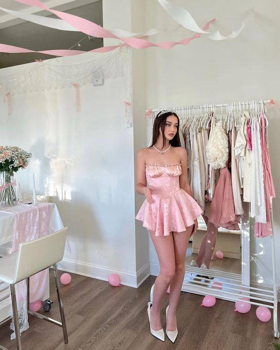 Pretty Pink A Line Satin Print Floral Birthday Dress Homecoming Dress