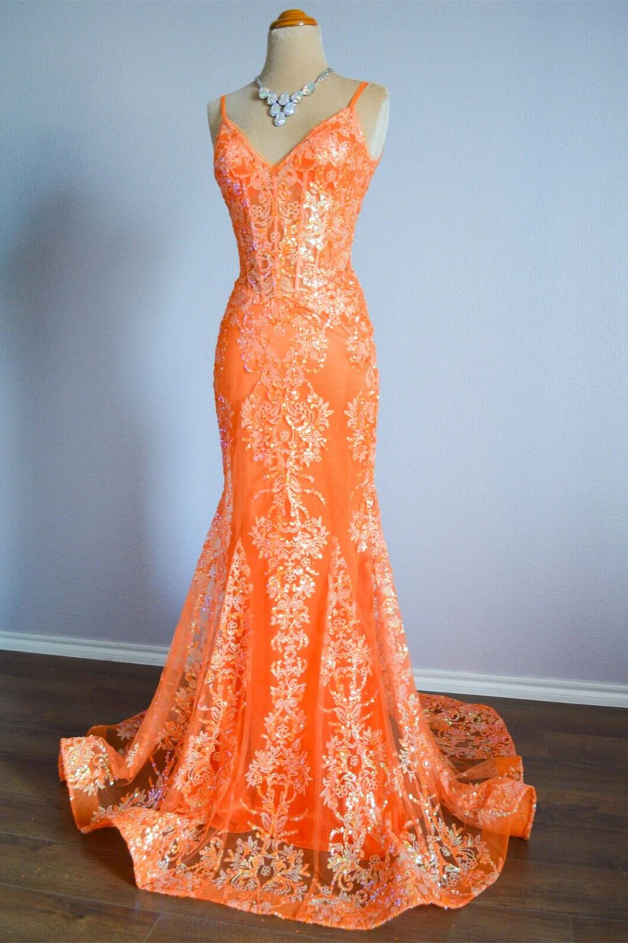 Orange Mermaid Spaghetti Straps Sequins Applique Long Prom Dress