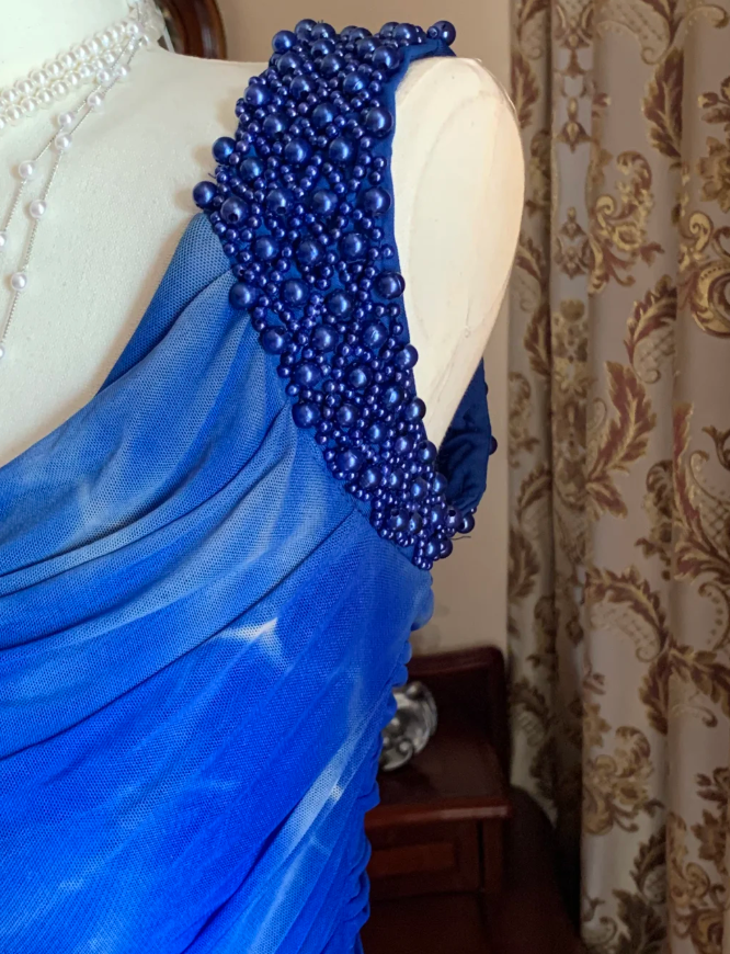 Sexy Royal Blue Tulle Pleated Beaded Mermaid Long Wedding Guest Dress Evening Dress