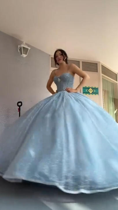 Shiny Spaghetti Straps Blue Tulle Sequin Beaded Formal Quinceanera Dress Sweet 16 Dress