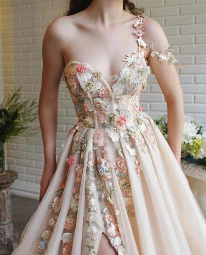 Charming One Shoulder Floral Champagne Long Prom Dresses, 3D Flowers Champagne Formal Evening Dresses