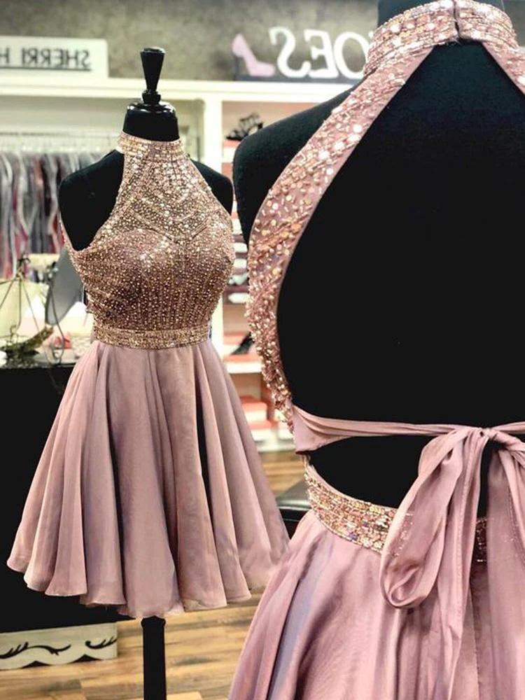 A Line Halter Open Back Chiffon Short Homecoming Dresses with Beading