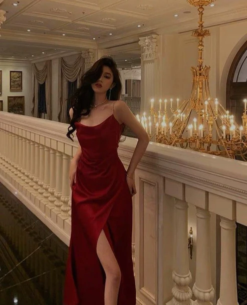 Sexy red high split side long evening prom dress
