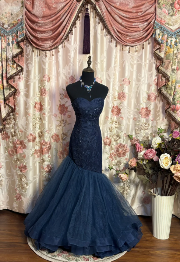 Elegant Strapless Navy Blue Tulle Lace Beaded Mermaid Evening Dress Long Birthday Prom Dress
