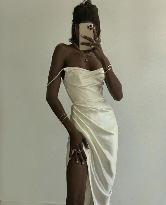 Sexy Ivory Long Prom Dress Satin Slit Evening Dress Party Dress