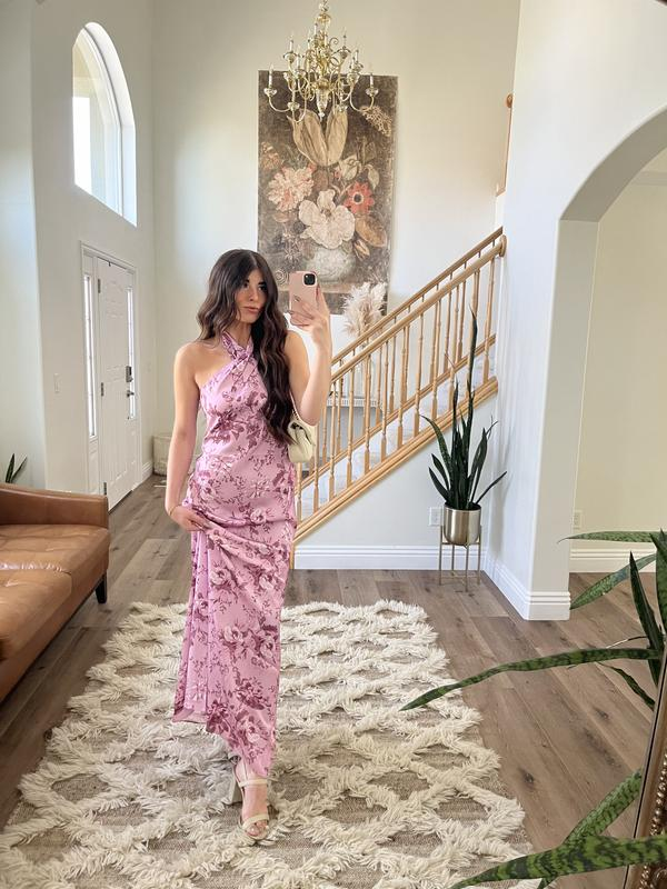 Elegant Pink Halter Satin Print Floral Long Evening Dress Party Gown