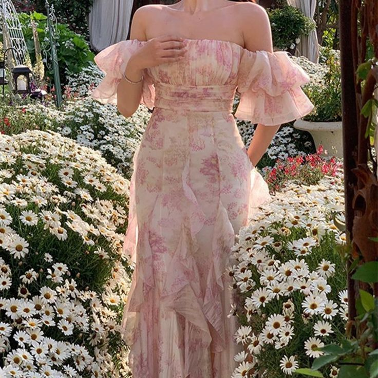 Pretty Chiffon Print Flowers Pink Prom Dress Long Party Evening Dress