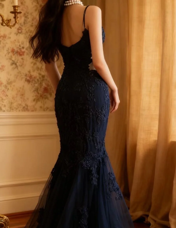 Elegant Spaghetti Straps Navy Blue Tulle Lace Appliques Mermaid Evening Dress Birthday Outfits