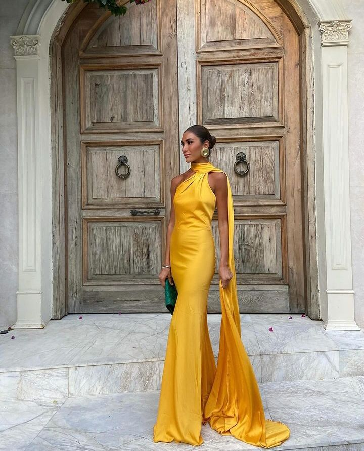 Sexy Halter Yellow Satin Backless Mermaid Evening Dress,Long Party Dress