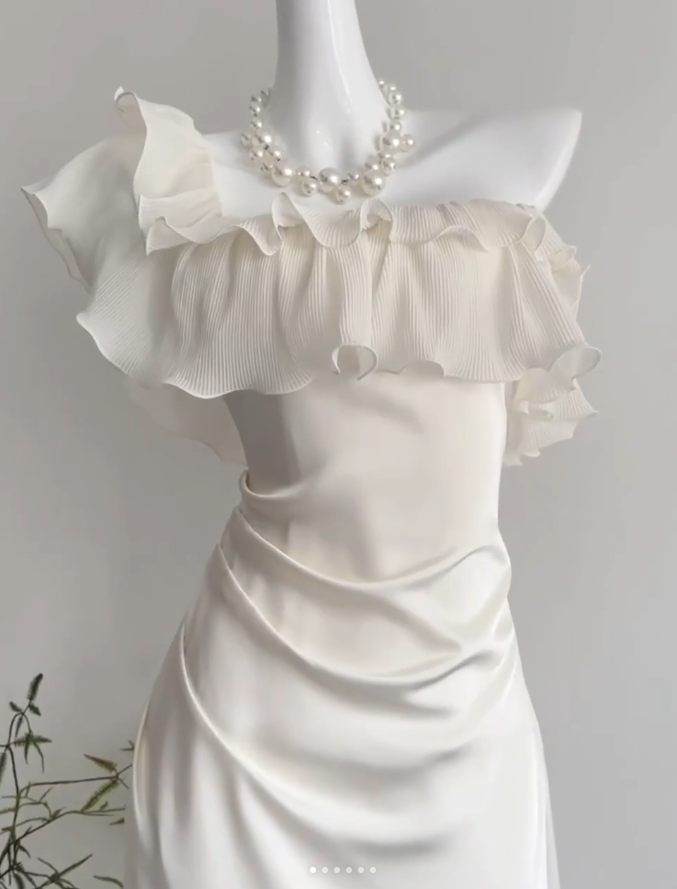 Classy Strapless White Satin Chiffon Long Prom Dress Birthday Party Dress