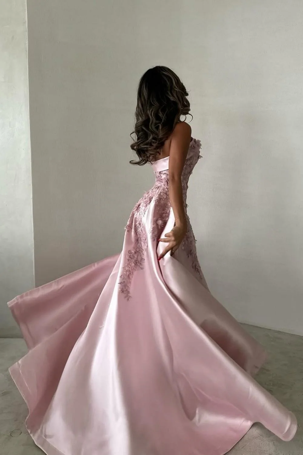 Pretty Pink Strapless Satin Appliques Beaded Formal Prom Dress,Long A Line Party Evening Gown