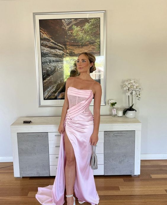 Sexy 17th Birthday Dress Strapless Mermaid Prom Dresses for Black Girls Thigh-High Slits Pleats Beading Birthday Outfits