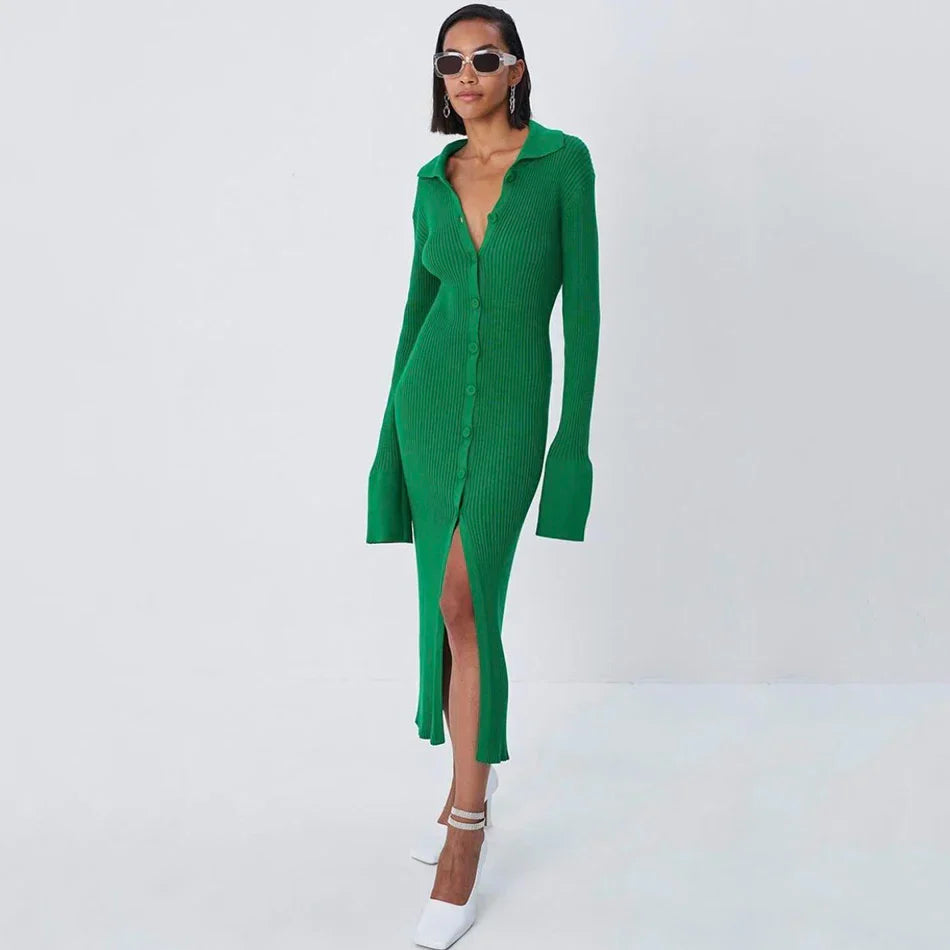 Autumn Bodycon Dress Sweater Knitted Green Women Sexy Midi Split V Neck Long Sleeve Casual Dresses Party Vestidos green