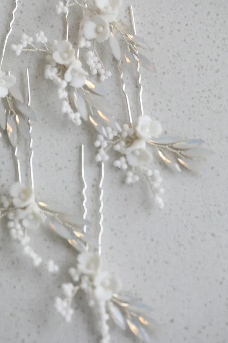 Porcelain Flower Hair Pins Clips Opal Head Pieces Gold Silver Color Hairpins For Brides Women Bridal Jewelry Wedding Accessories