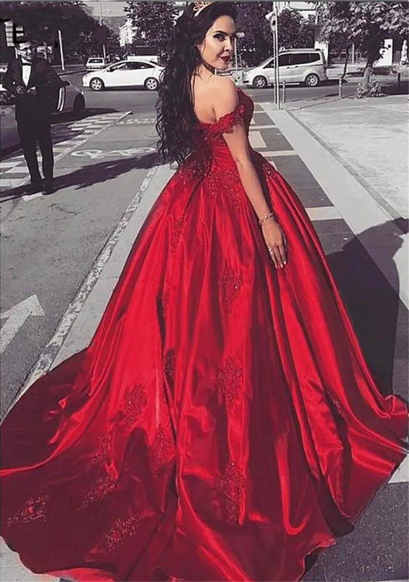 customized  Sexy Long Red Off The Shoulder Prom Dresses Appliques Beaded Evening Gowns Reflective Dress Robe de Soiree