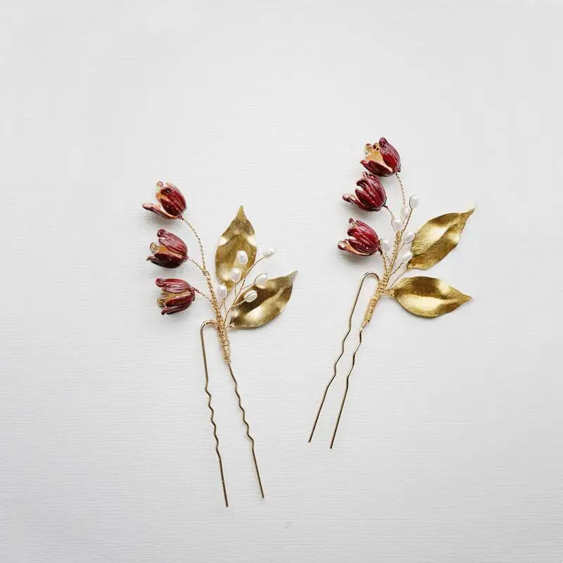 Bridal Accessories Flower Leaf Hair Pin Clip Pearl Gold Color Hairpin For Bride Bridesmaids Headpiece Headdress Wedding Jewelry b