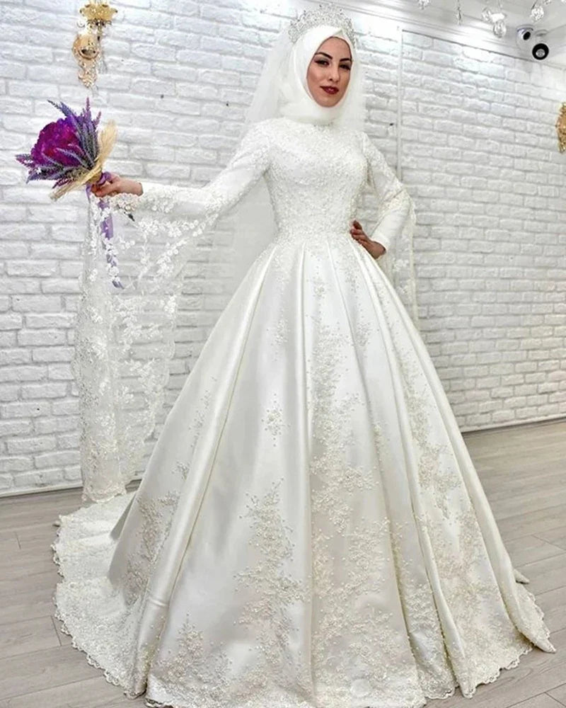 customized  Luxury Muslim A Line Wedding Dresses Long Flare Sleeves Lace Satin Bride Dresses Arabic Islamic Vestido De Noiva