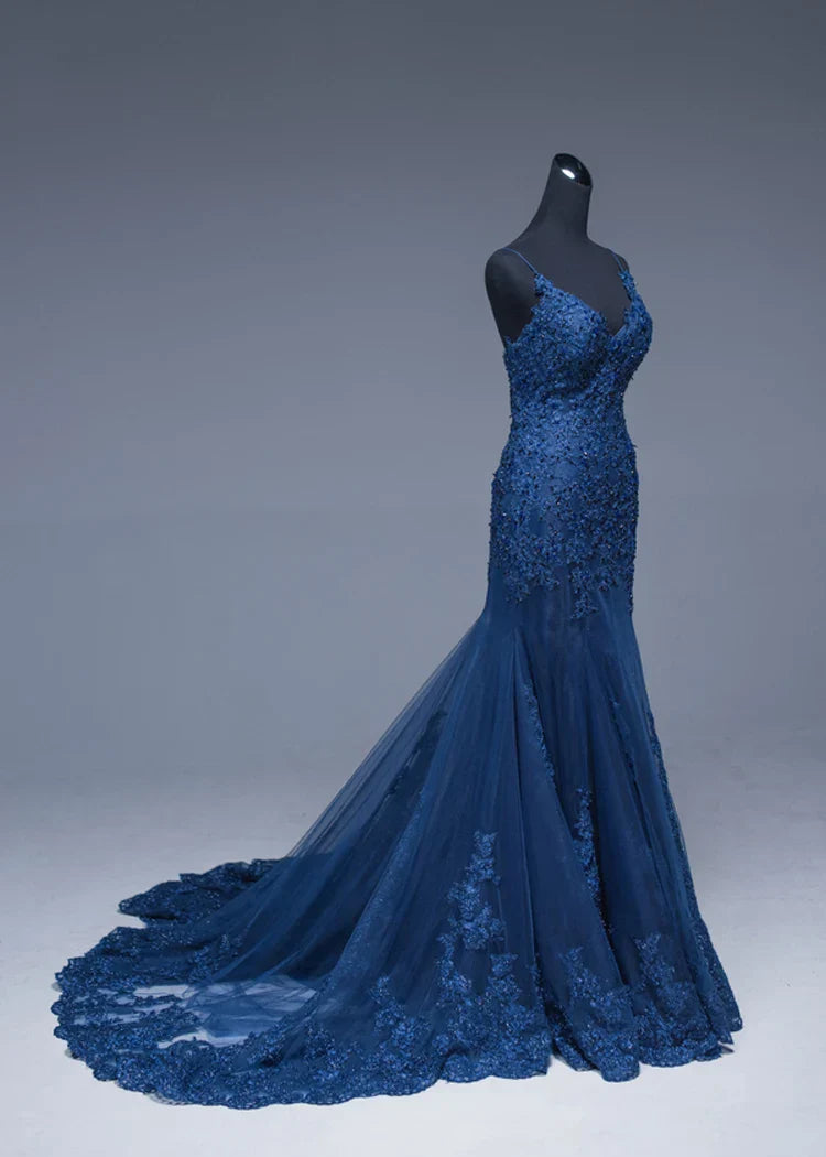 Customized Sexy V Neck Mermaid Prom Dress Beaded Lace Applique Evening Dresses Long abendkleider Party Dress