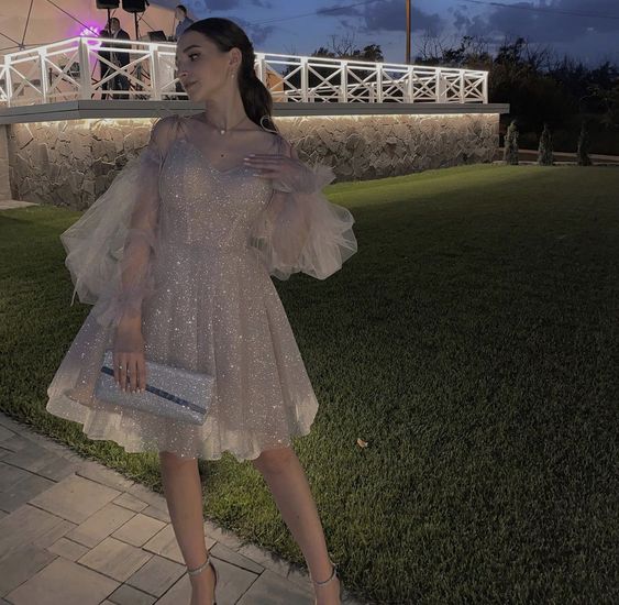 short evening dress with lantern sleeves, graduation dress sparkly homecoming dress