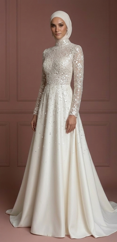 Hijab Bridal Wedding Dress With Sequin Lace Glam Modest Style Muslim