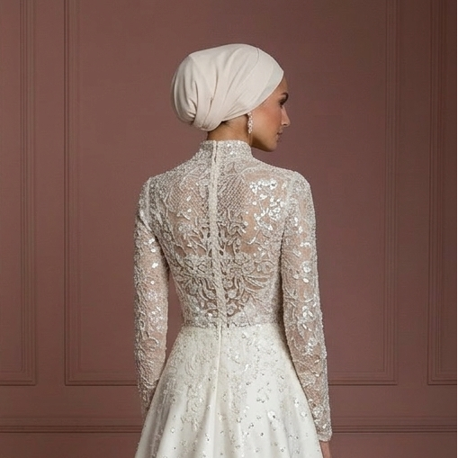 Hijab Bridal Wedding Dress With Sequin Lace Glam Modest Style Muslim
