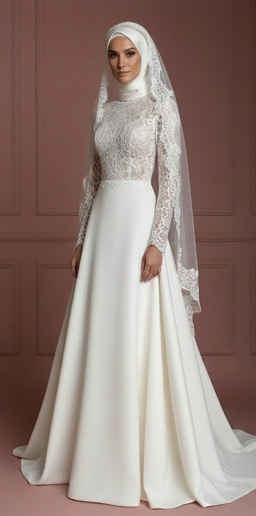 Hijab Bridal Gown Long Sleeve Modest Wedding Dress Set Muslim