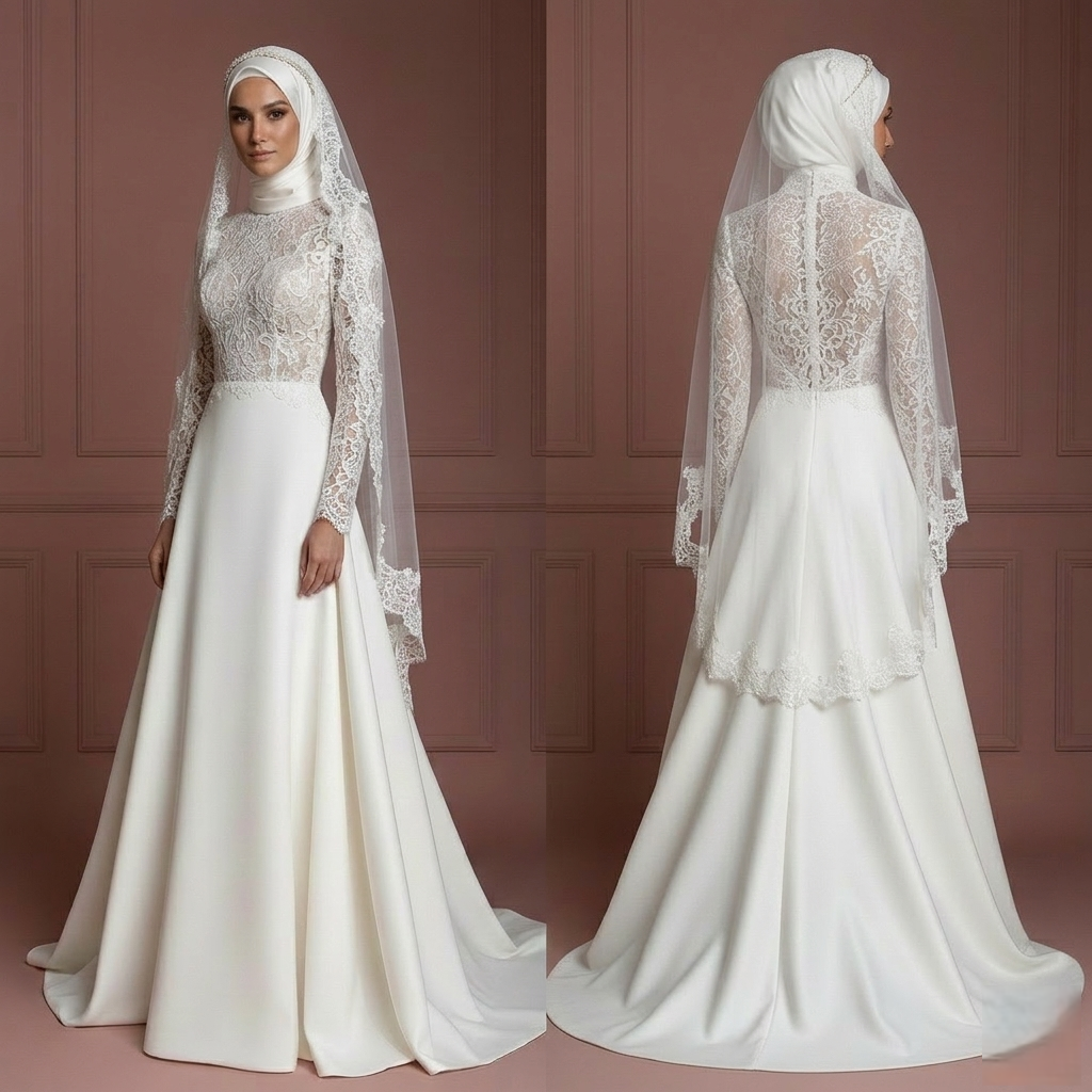 Hijab Bridal Gown Long Sleeve Modest Wedding Dress Set Muslim