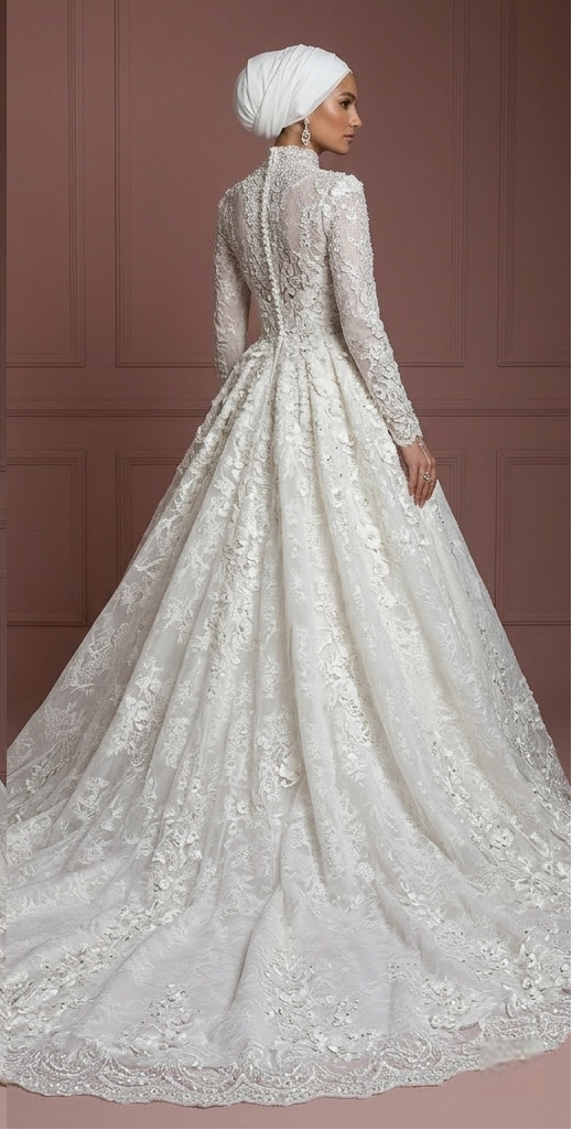 Hijab Bridal Gown With Cathedral Train Luxury Style Muslim Wedding Dress