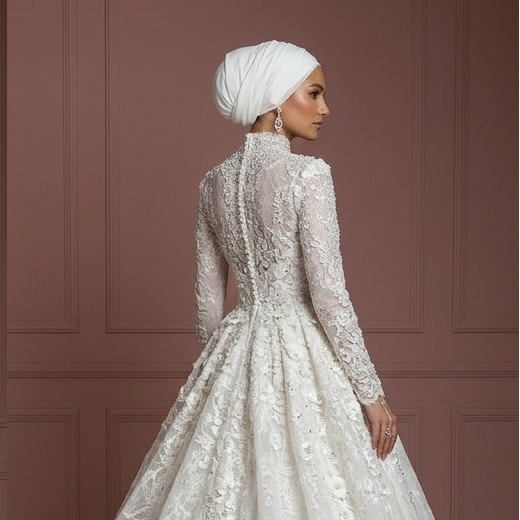 Hijab Bridal Gown With Cathedral Train Luxury Style Muslim Wedding Dress