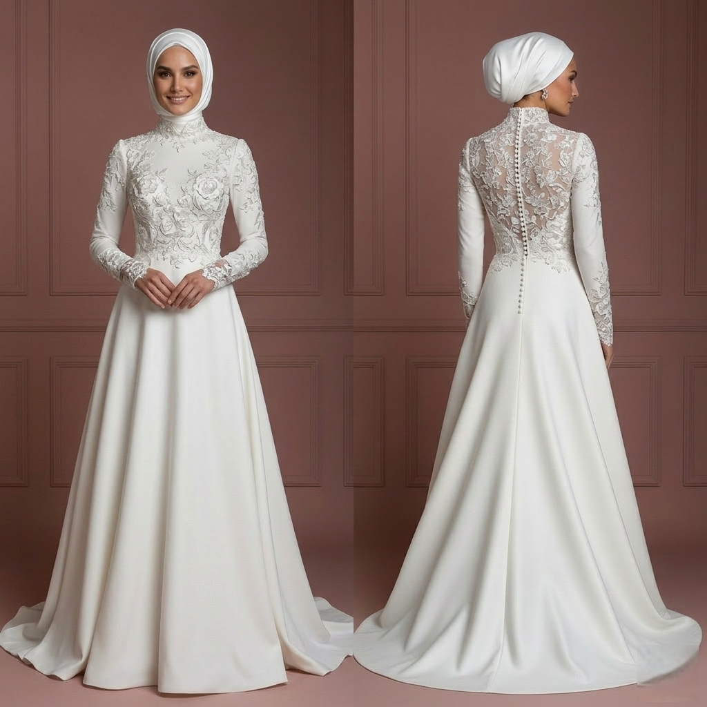 Hijab Bridal Gown With Embroidered Floral Lace Wedding Dress Muslim