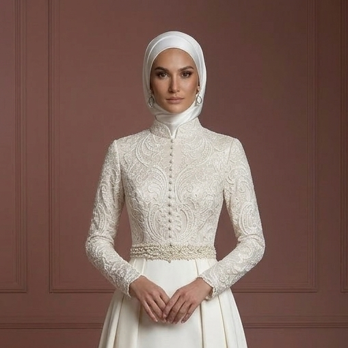 Hijab Bridal Gown With High Neck Coverage Style Wedding Dress Muslim