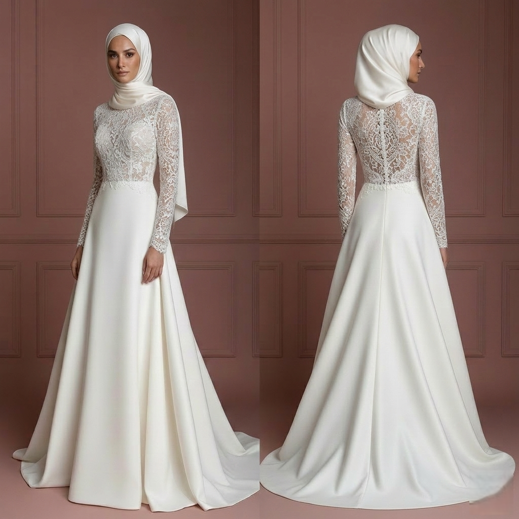 Hijab Bridal Wedding Dress With Long Elegant Train Muslim