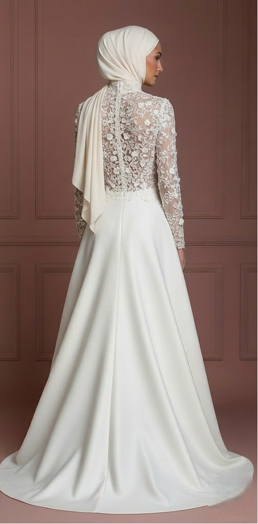 Hijab Wedding Dress With Floral Lace Pattern Muslim