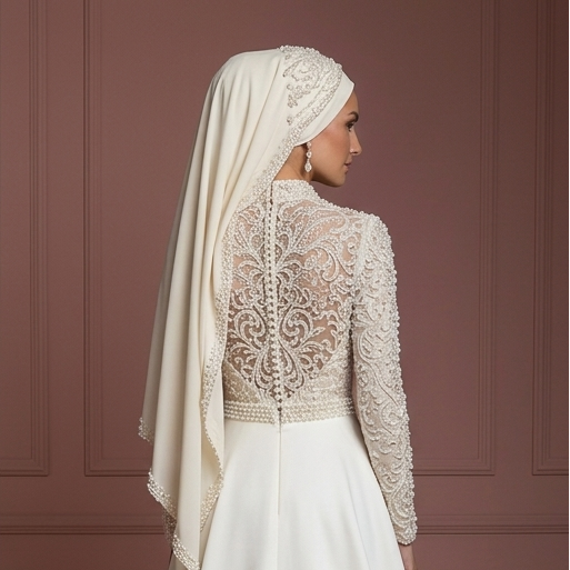 Hijab Wedding Dress With Pearl Beading Luxury Bridal Muslim