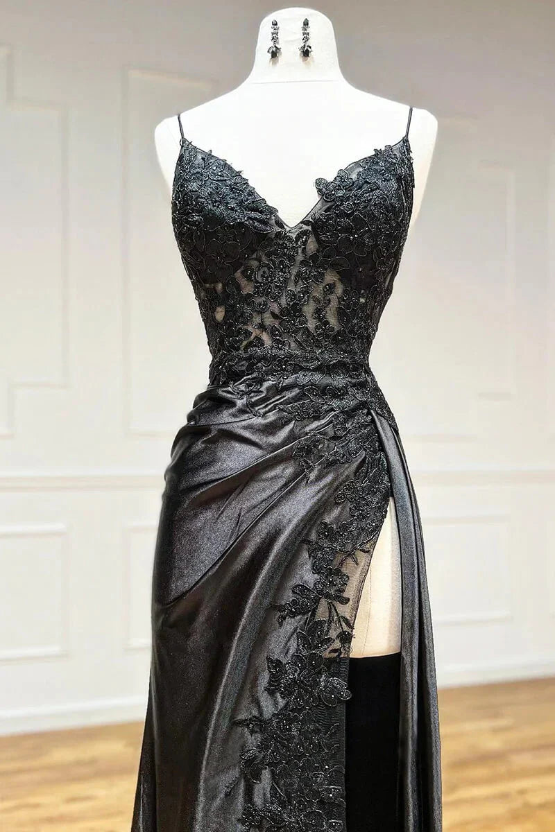 Sexy Mermaid Spaghetti Strap Sleeveless Long Split Prom Dress with Embroidered