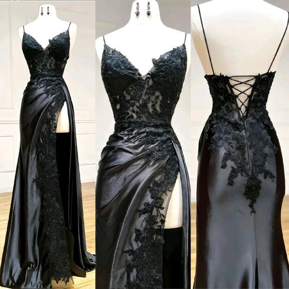 Sexy Mermaid Spaghetti Strap Sleeveless Long Split Prom Dress with Embroidered