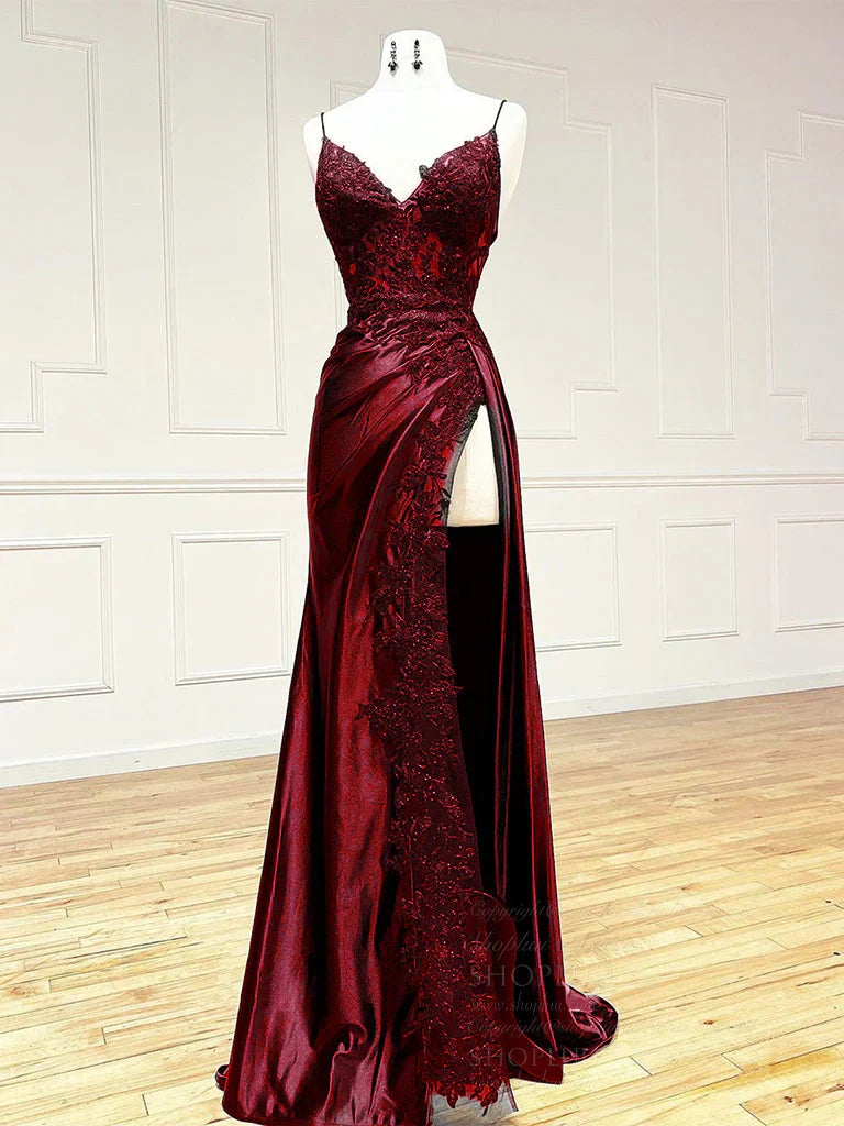 Sexy Mermaid Spaghetti Strap Sleeveless Long Split Prom Dress with Embroidered