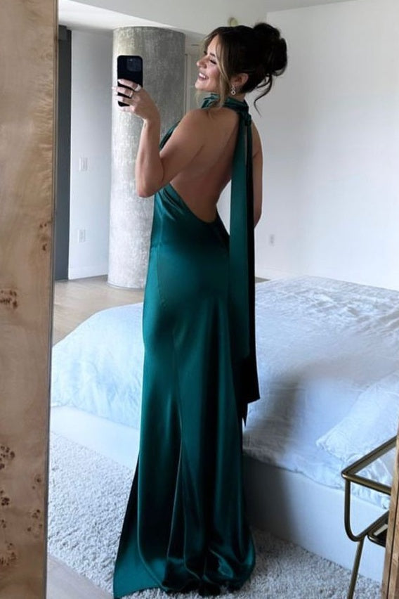 Hot Mermaid Halter Neck Dark Green Satin Long Party Dress with Open Back