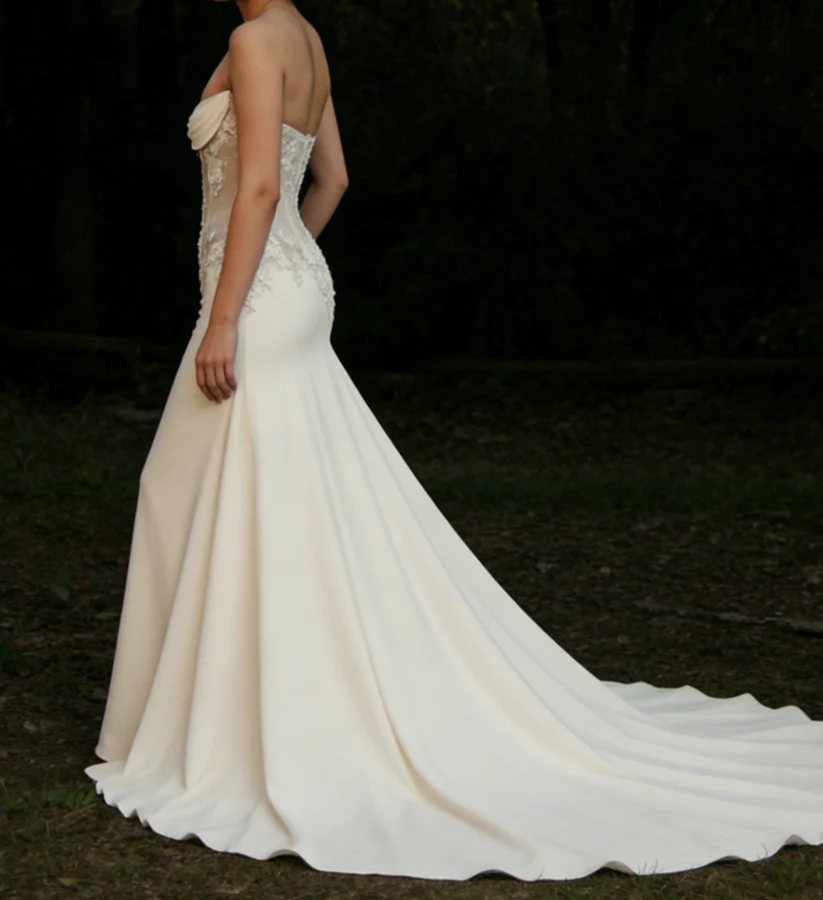 Classy Strapless Satin Appliques White Mermaid Long Wedding Dress Bridal Dress