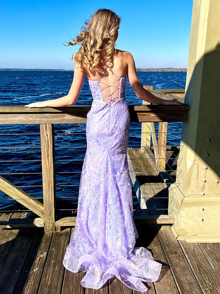 Sparkly Spaghetti Straps Lace Sequins Evening Dress,Purple Mermaid Prom Dress Party Gown