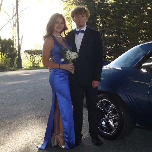 Sexy Blue Sheath Slit Prom Dress Backless Party Evening Dress
