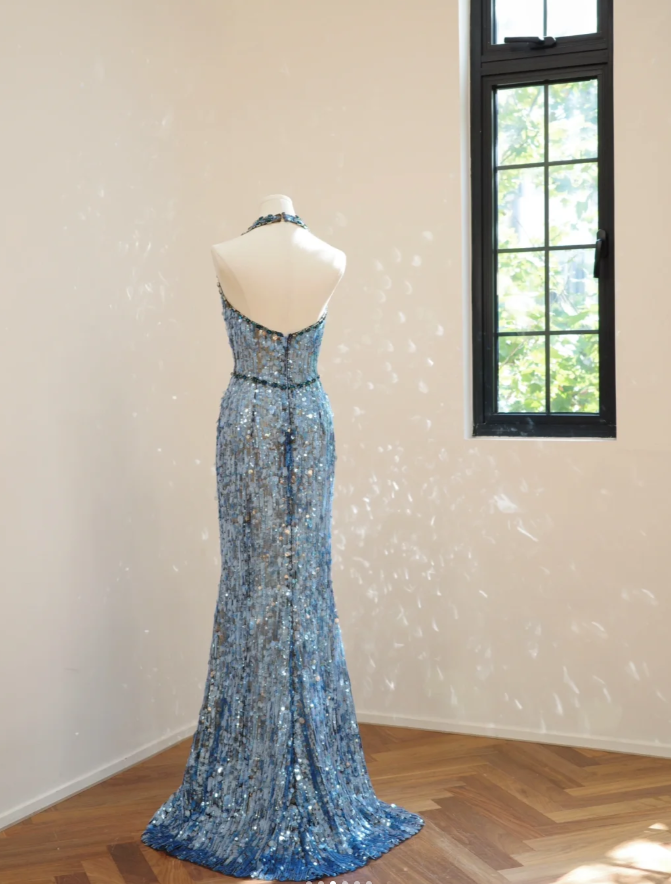 Gorgeous Halter Deep V Blue Sequin Beaded mermaid Long Party Dress Evening Dress