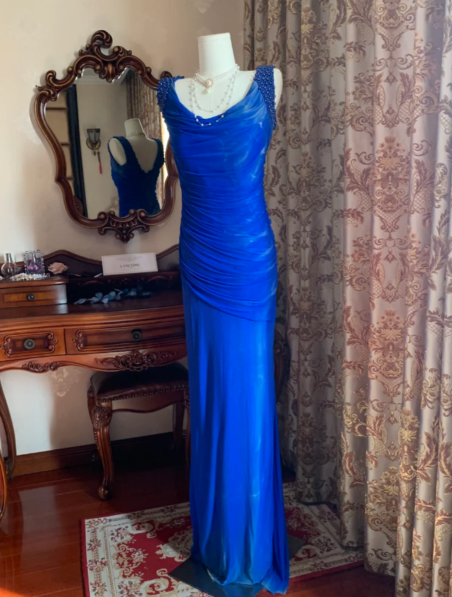 Sexy Royal Blue Tulle Pleated Beaded Mermaid Long Wedding Guest Dress Evening Dress