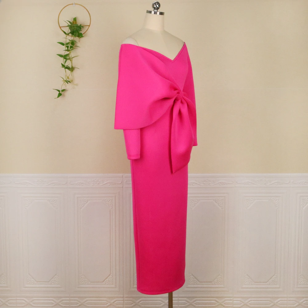 Women's Elegant V-Neck Off Shoulder Long Dress Big Knot Slim Evening Dresses Boutique Occasion Dresses