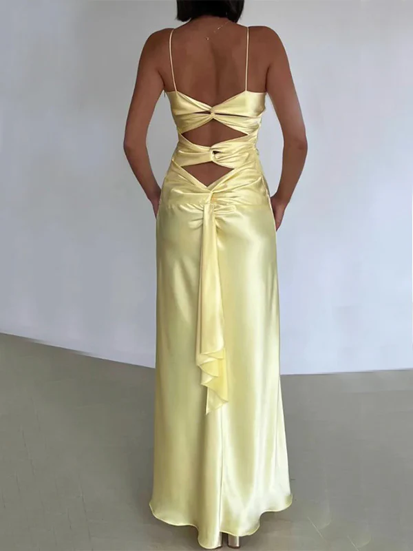 Sexy Spaghetti Strap Yellow Mermaid Satin Evening Prom Dress,Long Party Dress